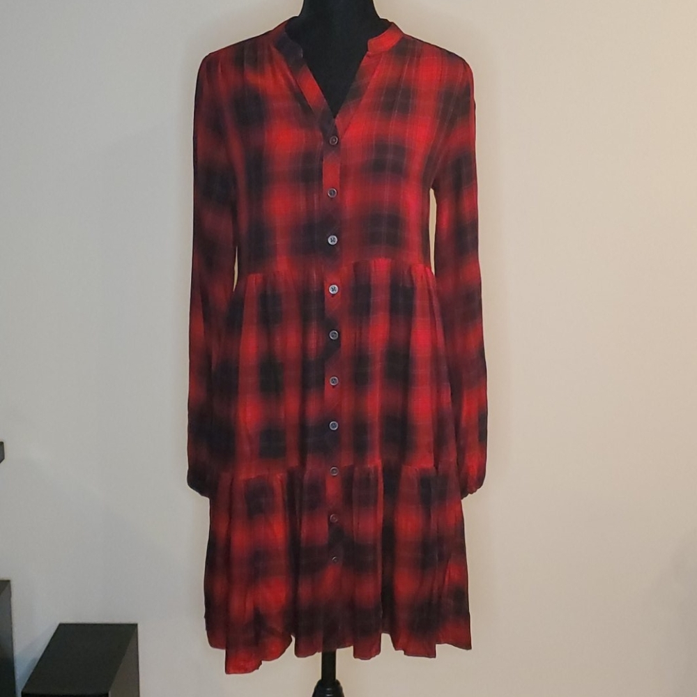 (NWT) Plaid Puff Long Sleeve Shirtdress